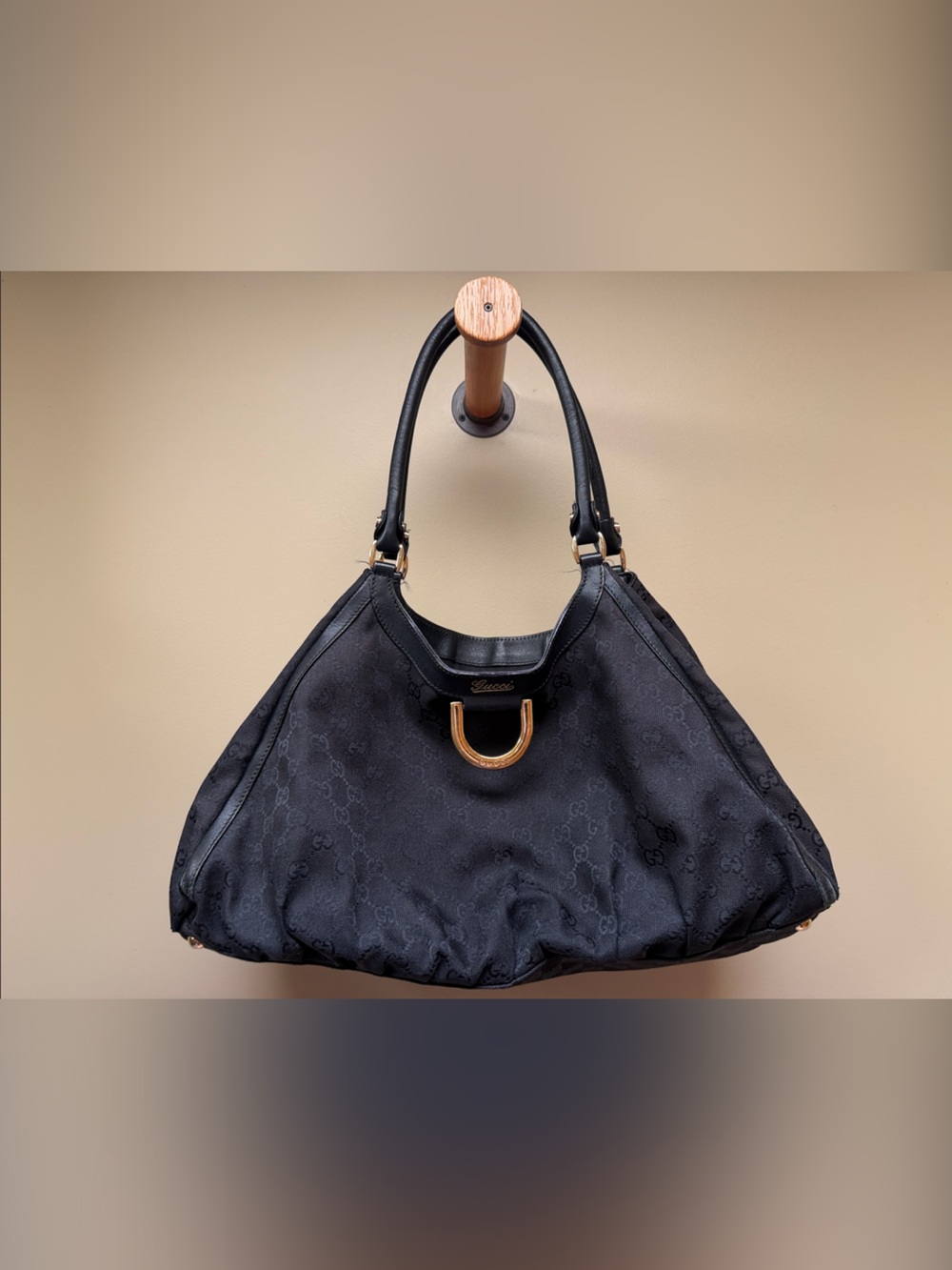 Gucci Black GG Monogram Shoulder Bag with Gold Accent